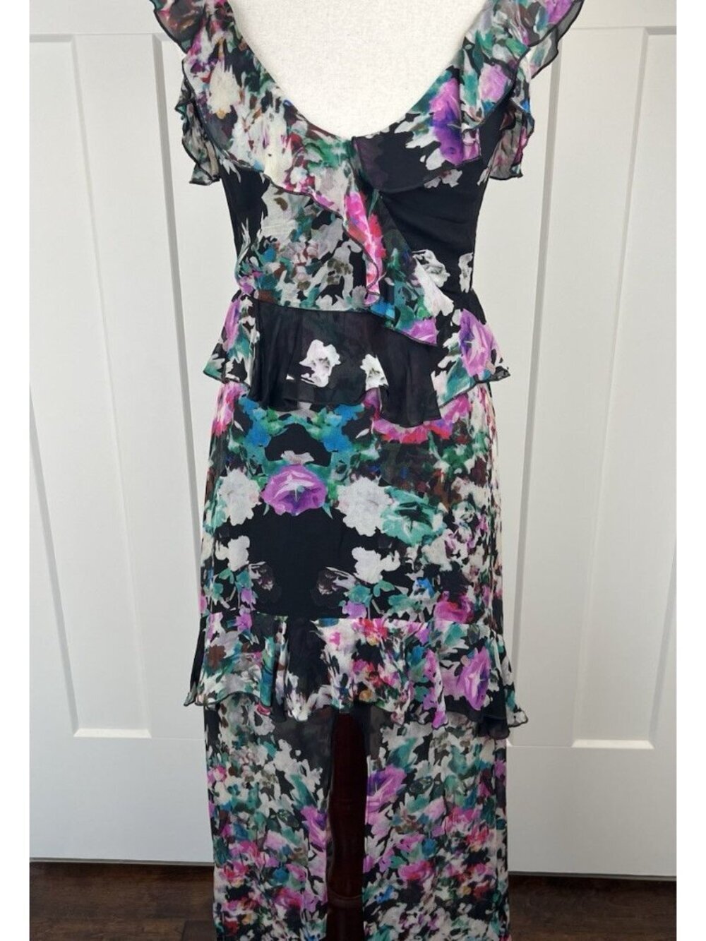 Karina Grimaldi XS Floral Ruffle High Low Maxi Dress Sheer Hem Front Slit Romanc